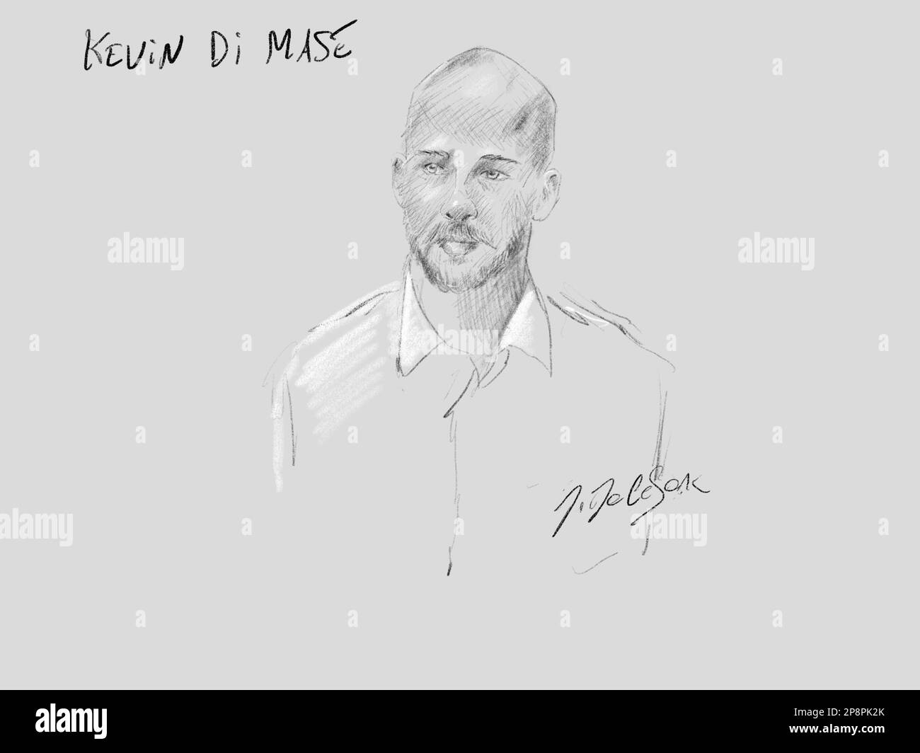 Questo disegno di Jonathan De Cesare mostra l'accusato Kevin di Mase alla sessione di costituzione della giuria al processo di assise di Mase per la morte di Jean-Manuel Lange, davanti alla Corte delle Assise della Provincia di Hainaut a Mons giovedì 09 marzo 2023. È in prova per furto con manmacello come circostanza aggravante. FOTO DI BELGA JONATHAN DE CESARE Foto Stock