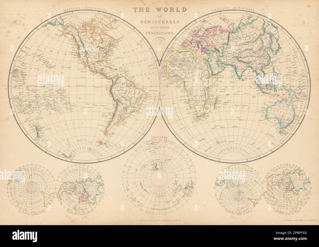 The World in Hemispheres con altre proiezioni di Edward Weller 1859 vecchia mappa Foto Stock