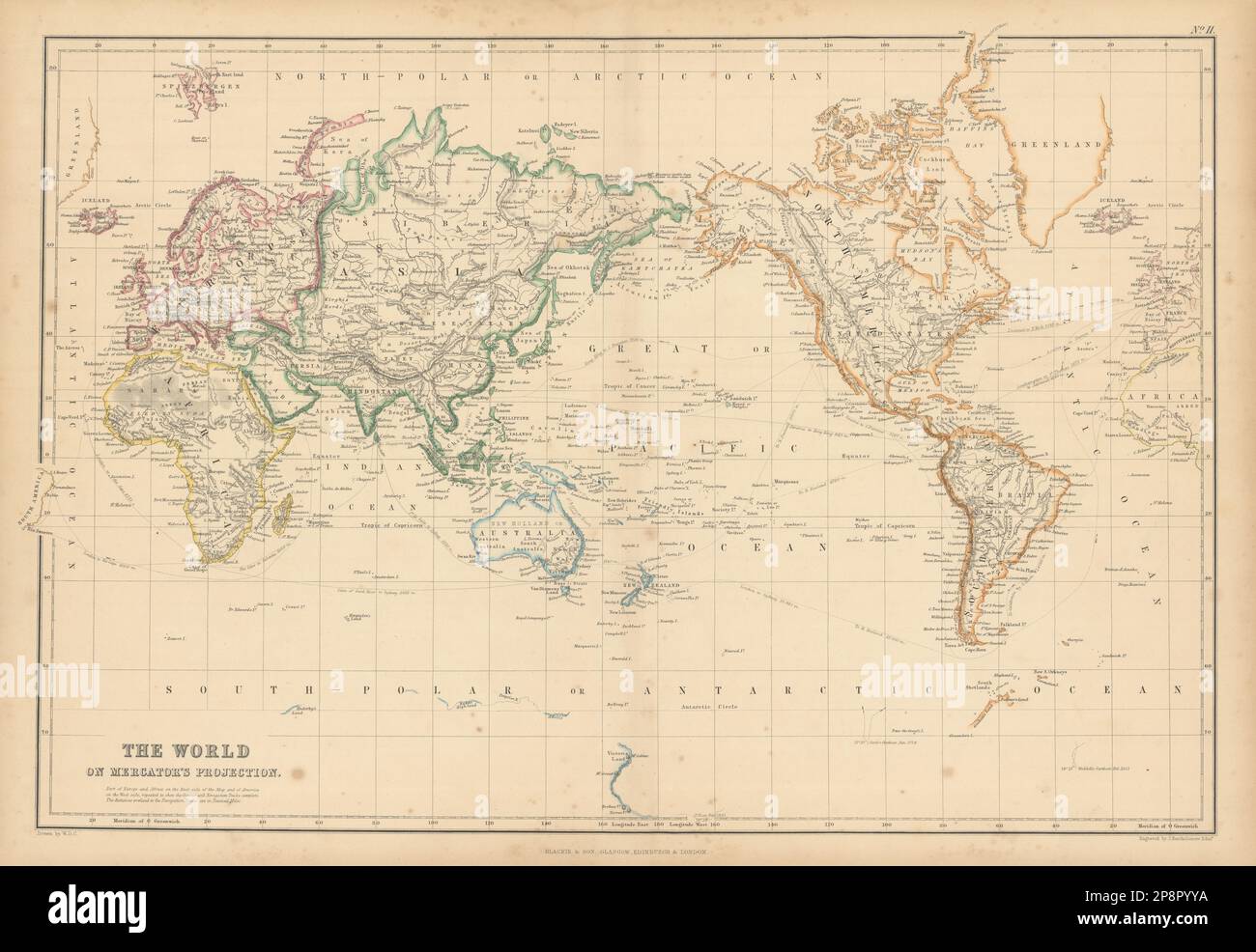 La proiezione di The World on Mercator di John Bartholomew 1859 antica mappa Foto Stock