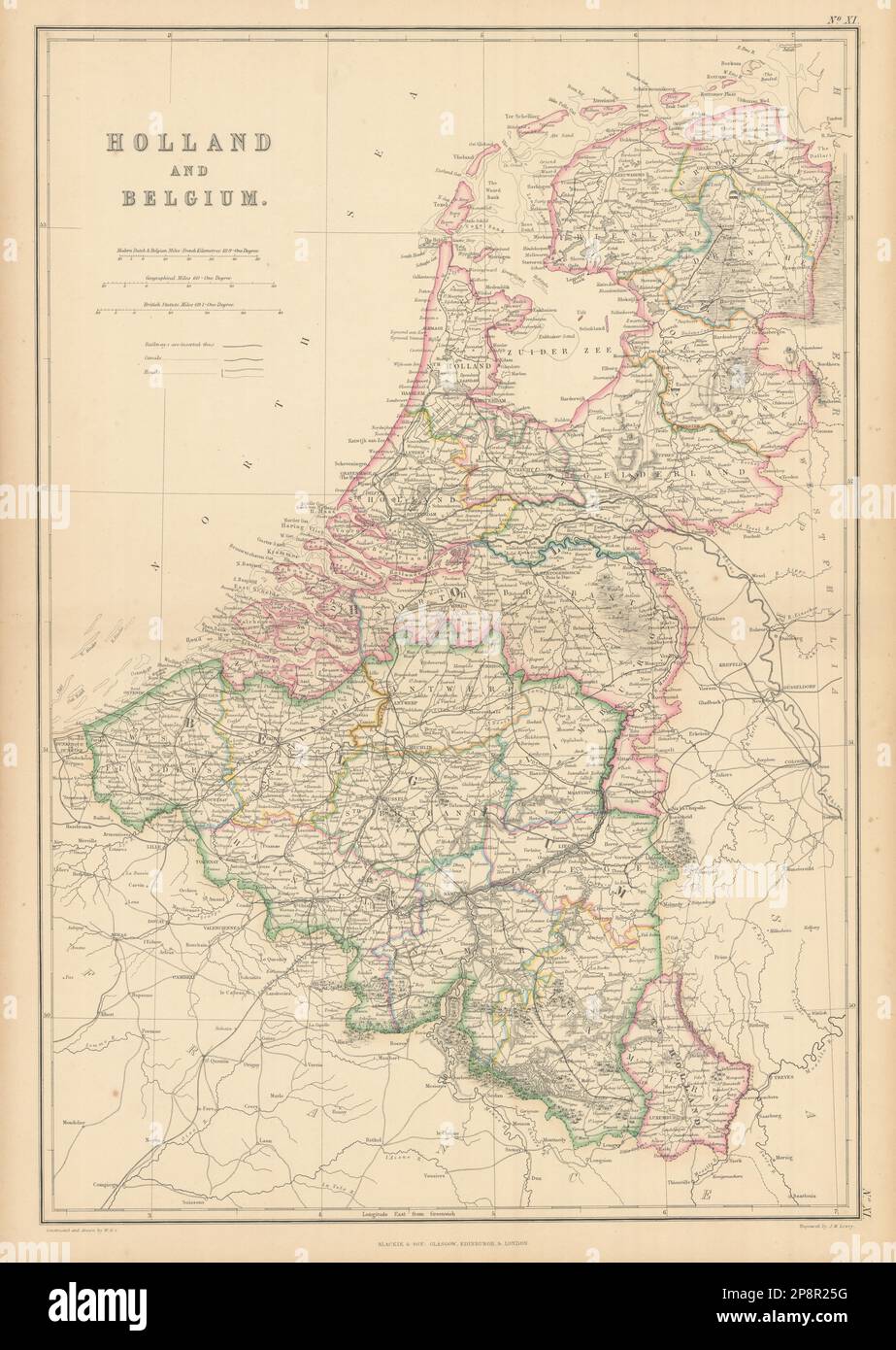 Olanda e Belgio di Joseph Wilson Lowry. Olanda 1859 vecchia mappa antica Foto Stock