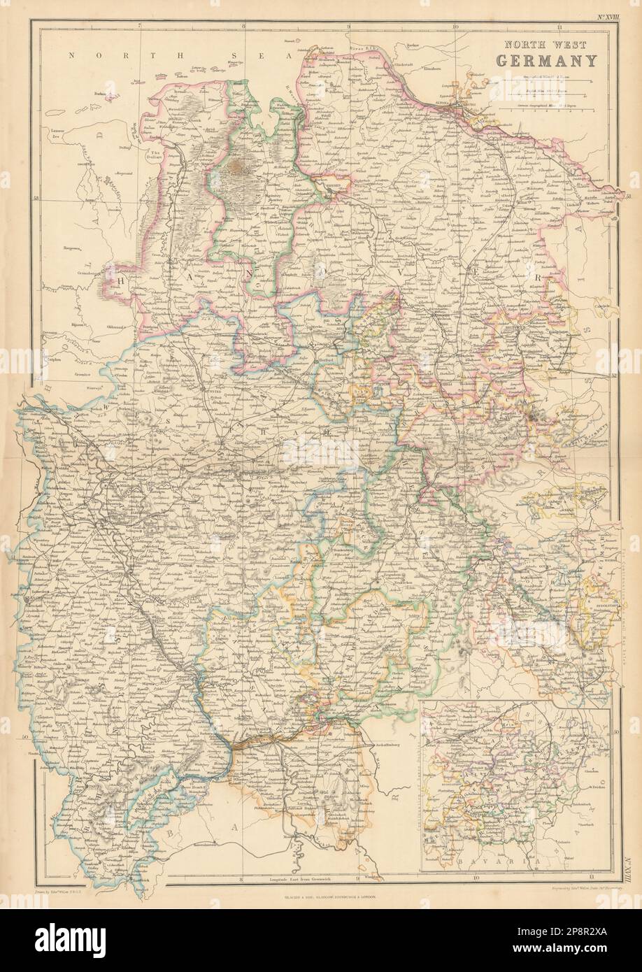 Germania nord-occidentale. Hannover, Prussia renana, Nassau, Assia. Mappa WELLER 1859 Foto Stock