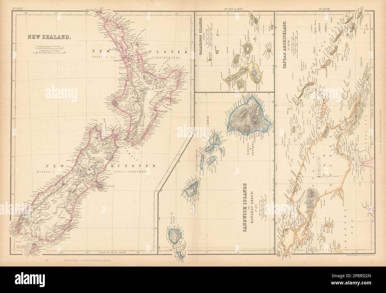 New Zealand Sandwich Isole Galapagos. Arcipelago Papuan. Mappa Melanesia 1859 Foto Stock