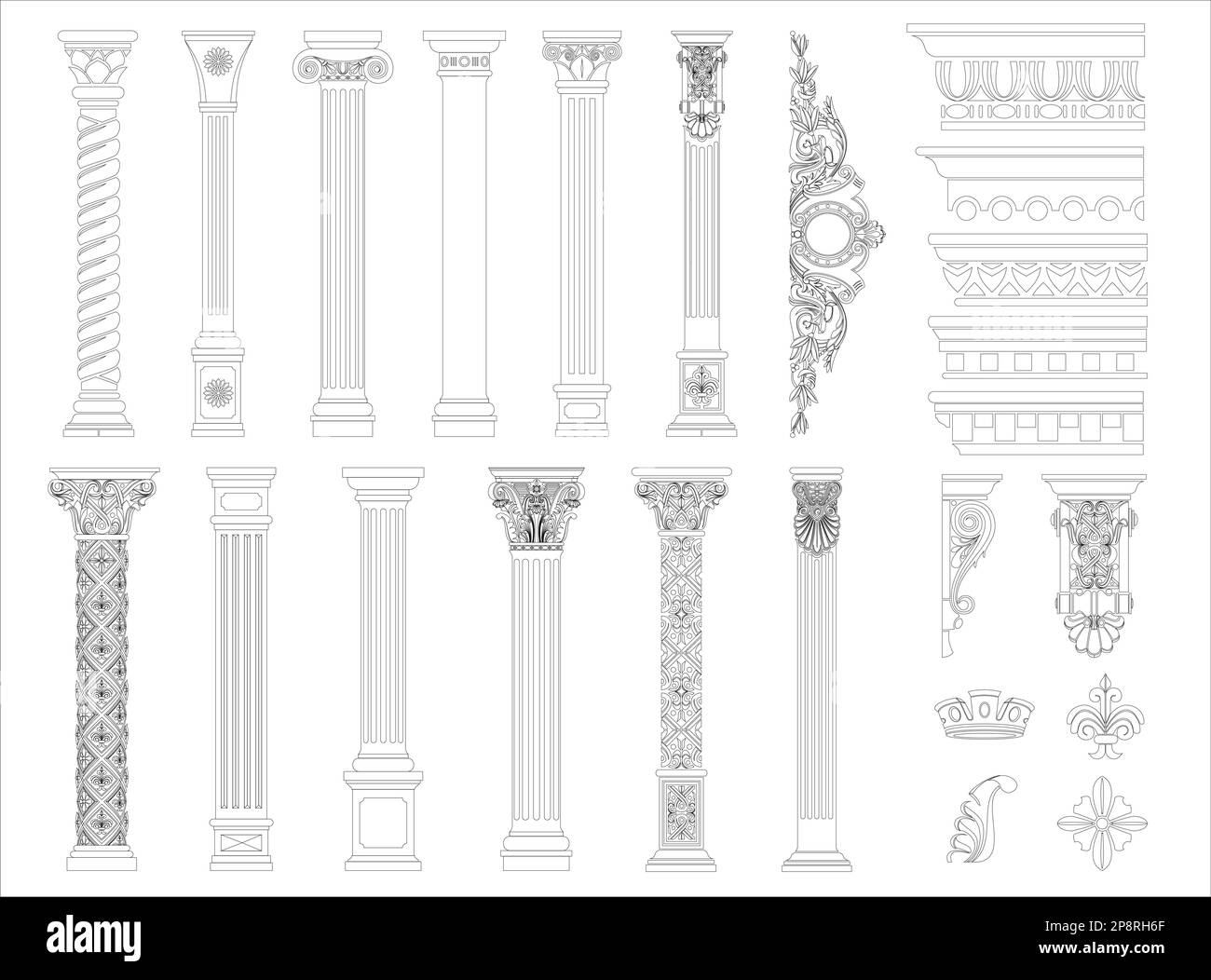 Colorazione contornante Set di elementi classici per colonne Illustrazione Vettoriale