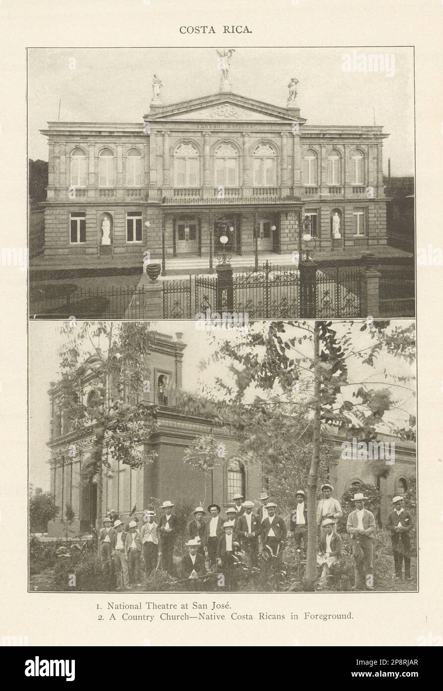 COSTA RICA. Teatro Nazionale a San Jose. Una chiesa di campagna 1907 vecchia stampa Foto Stock