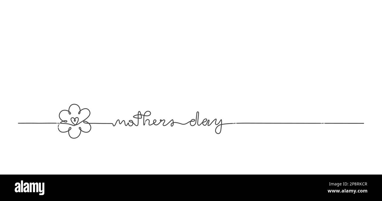 Vettore di linea scritta Mothers Day. Banner di saluto con testo scritto a mano, fiore a margherita. Illustrazione Vettoriale