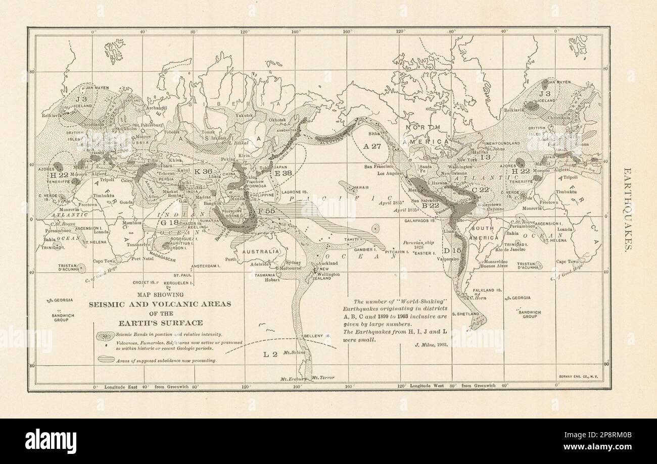 Terremoti. Mappa che mostra le aree sismiche e vulcaniche della superficie terrestre 1907 Foto Stock