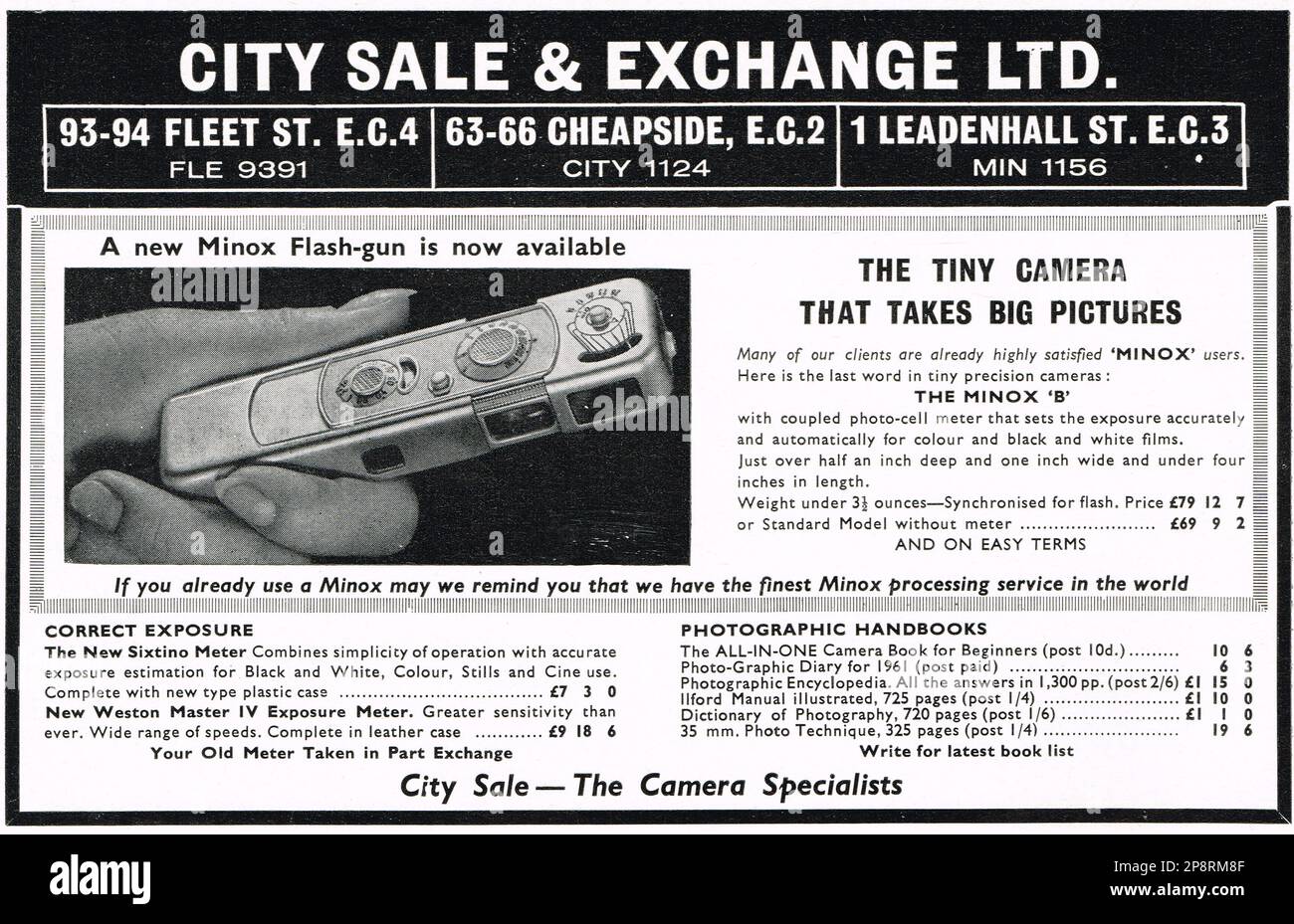 Annuncio vintage per la subminiatura 'py' fotocamera Minox B, 1961 Foto Stock