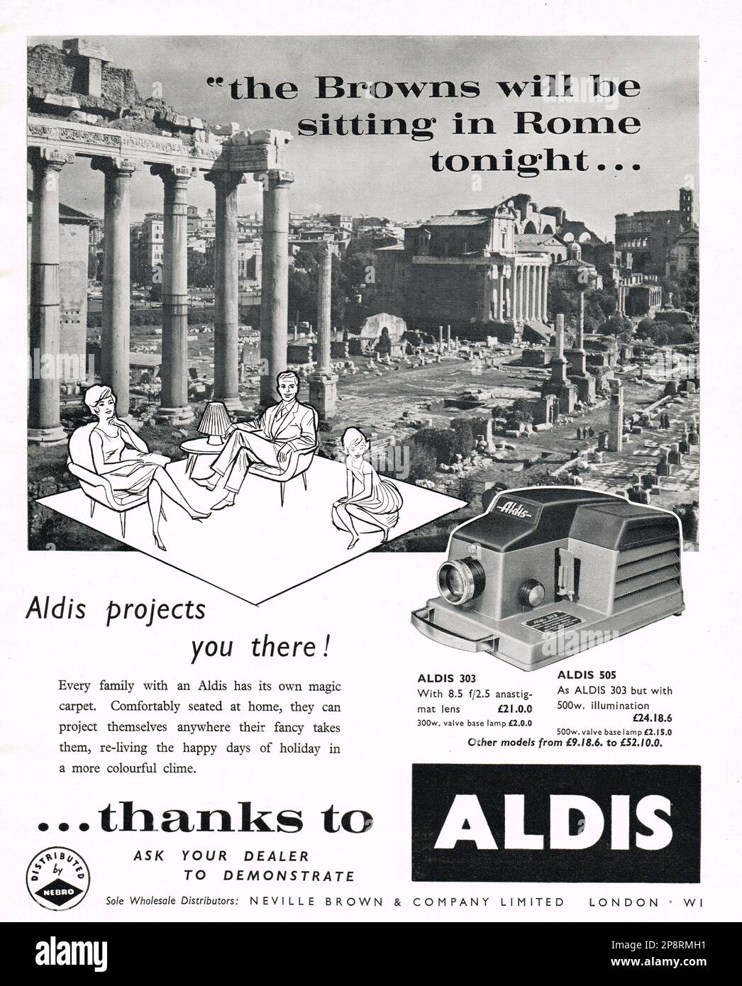 Annuncio vintage per proiettori di diapositive Aldis 303 e 505 1961 Foto Stock