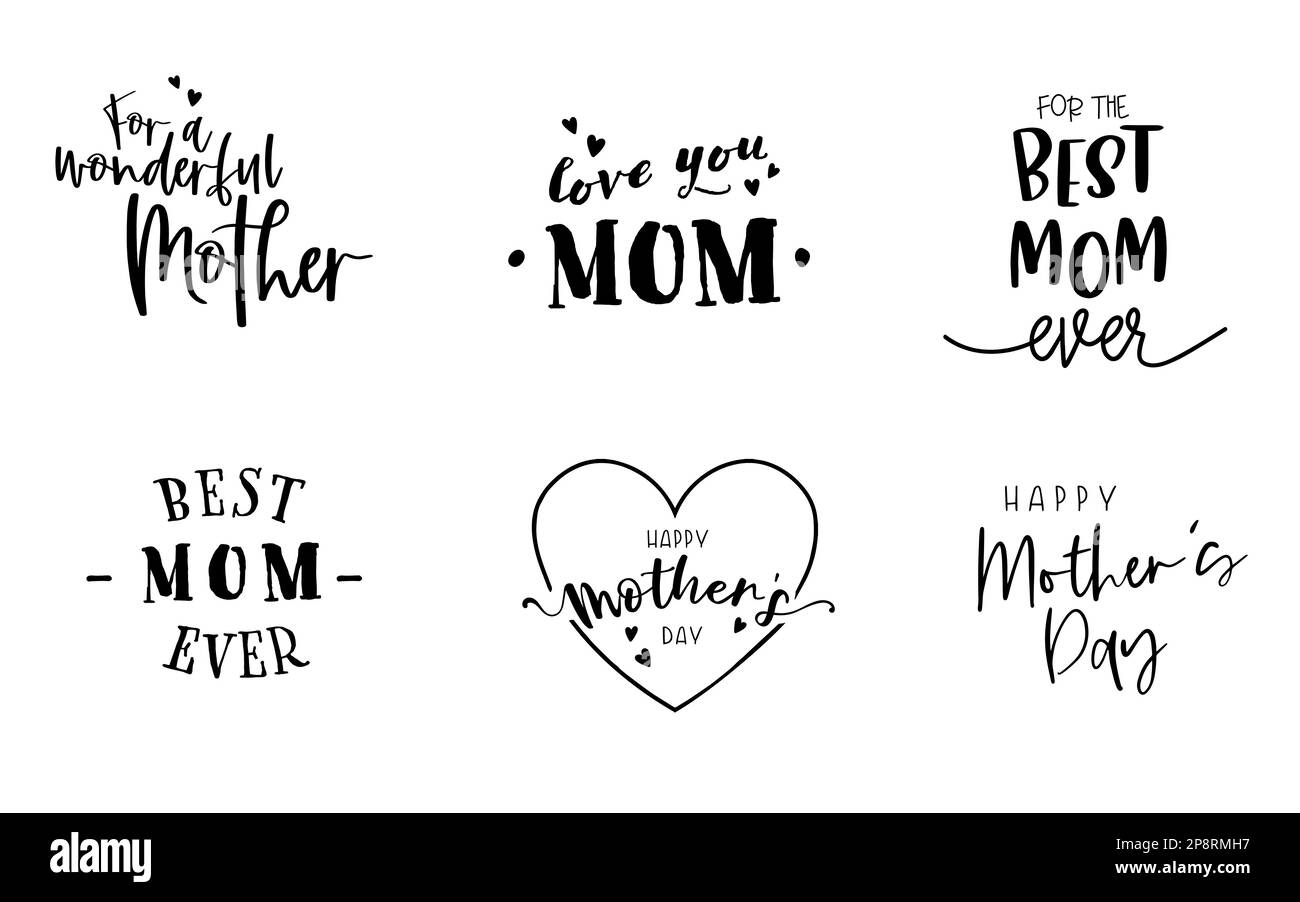 Buon giorno delle madri, set scritto a mano di badge, logo, etichette, segni e simboli - ottimo per biglietti, stampe, striscioni Illustrazione Vettoriale