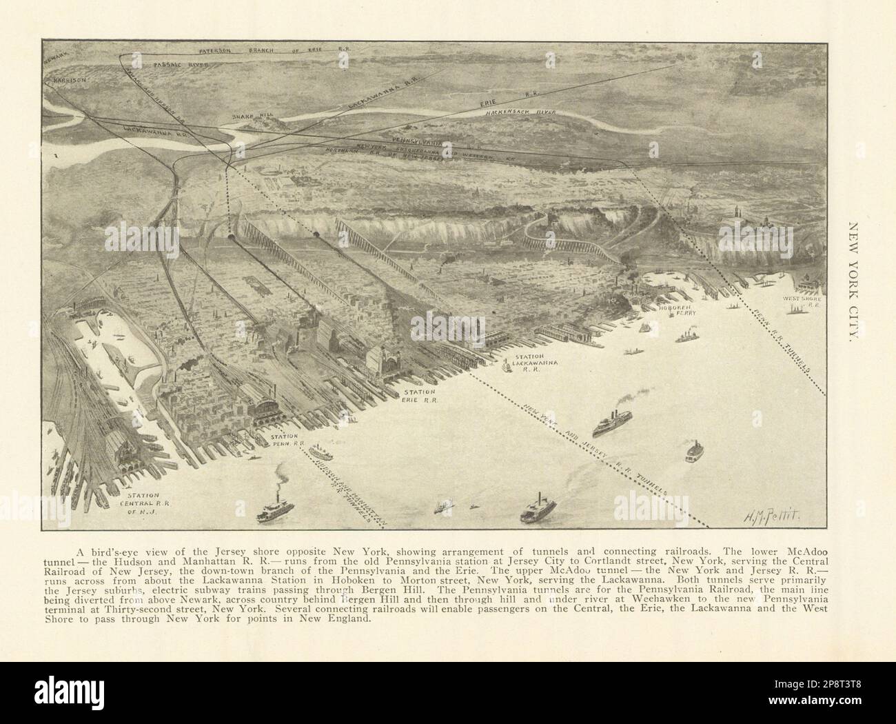 La costa del Jersey di fronte a New York City mostra tunnel e ferrovie stampa 1907 Foto Stock