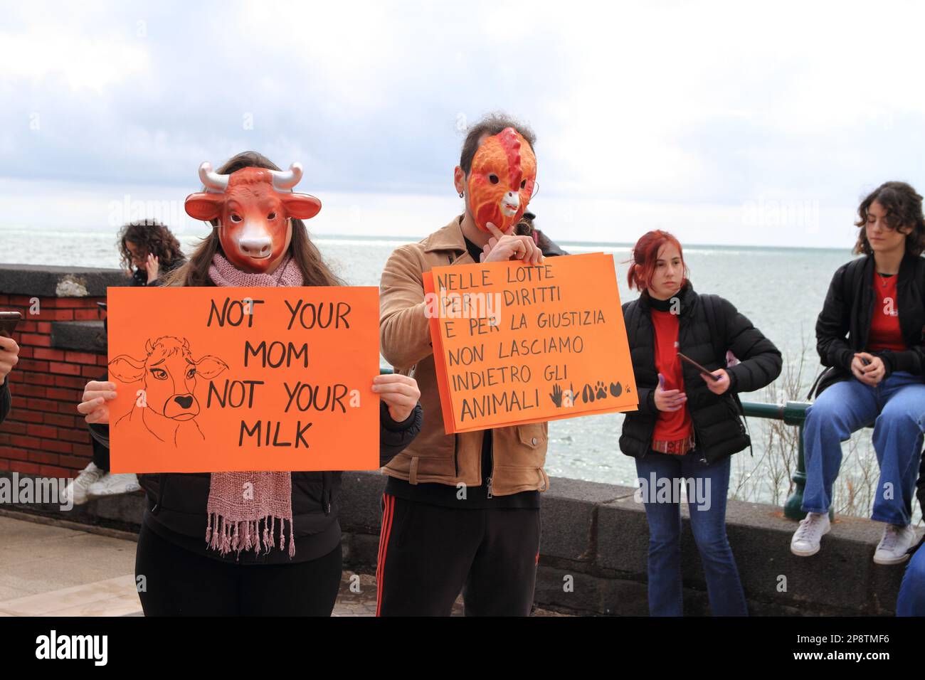 8 marzo 2023, Salerno, Campania/Salerno, Italia: Volontari di Salerno Animal/Climate Save mostrano segni contro l'abuso di animali utilizzati per l'alimentazione umana. Nel giorno della Giornata Internazionale della Donna, studenti e volontari di alcune associazioni sono scesi in strada per una processione di traseminismo. Evento creato dalle associazioni ''Tide'', ''Salerno Animal/Climate Save'', ''zona Orientale Rugby popolare Salerno'', ''Arcigay Salerno ''Marcella di Folco'', per gridare il loro No alla patriarchia, allo sfruttamento, alla classe politica che li ignora. In memoria di tutte le vittime della violenza. Per essere il voi Foto Stock