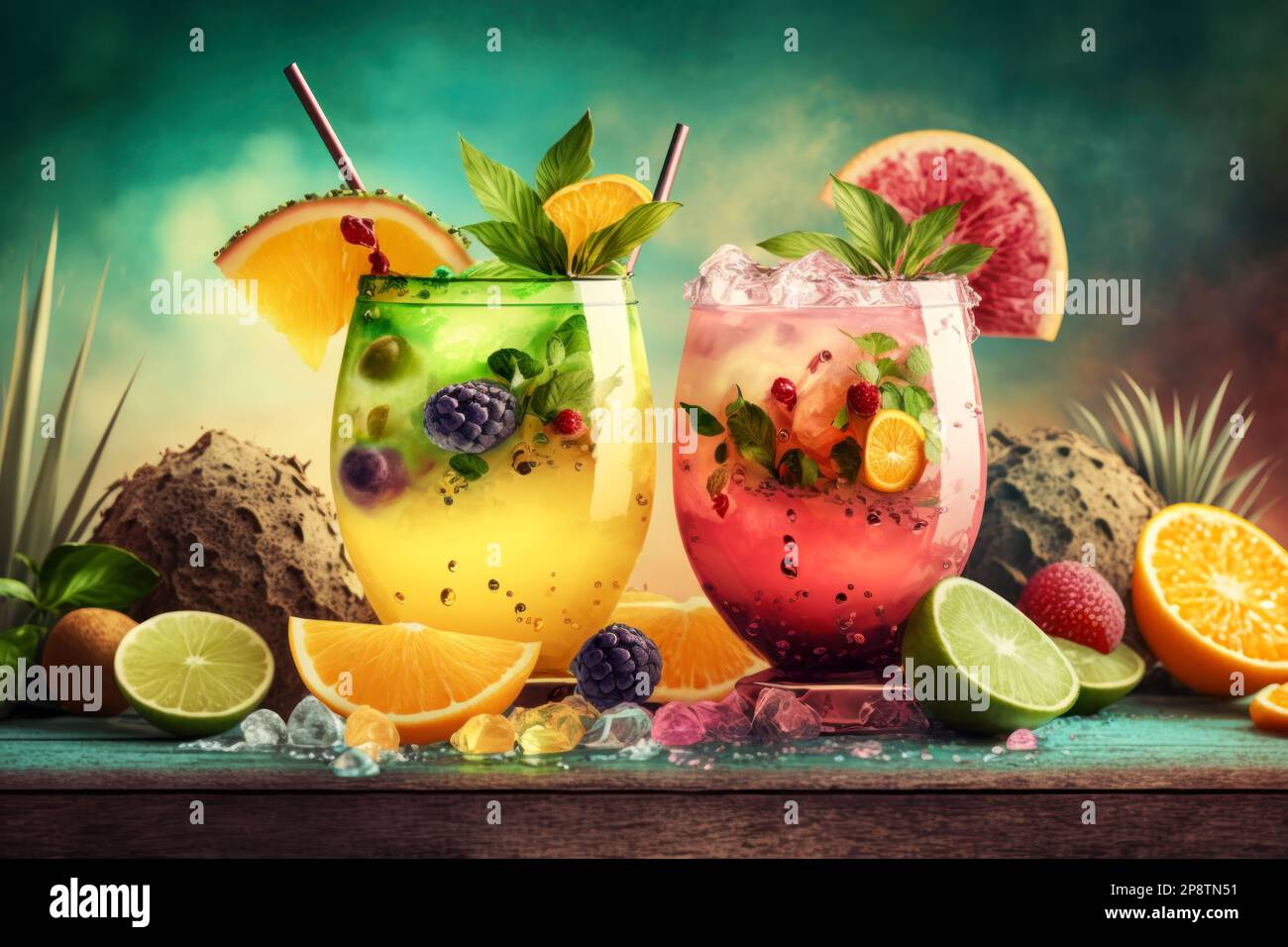 Due cocktail tropicali estivi su superfici di legno relax e vacanza in un concetto di paradiso tropicale. Foto Stock