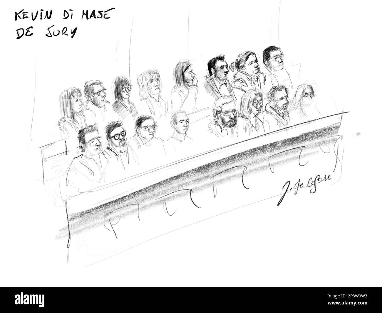 Questo disegno di Jonathan De Cesare mostra i membri della giuria alla sessione di costituzione della giuria al processo di assise di Mase per la morte di Jean-Manuel Lange, dinanzi alla Corte delle Assise della Provincia di Hainaut a Mons giovedì 09 marzo 2023. È in prova per furto con manmacello come circostanza aggravante. FOTO DI BELGA JONATHAN DE CESARE Foto Stock