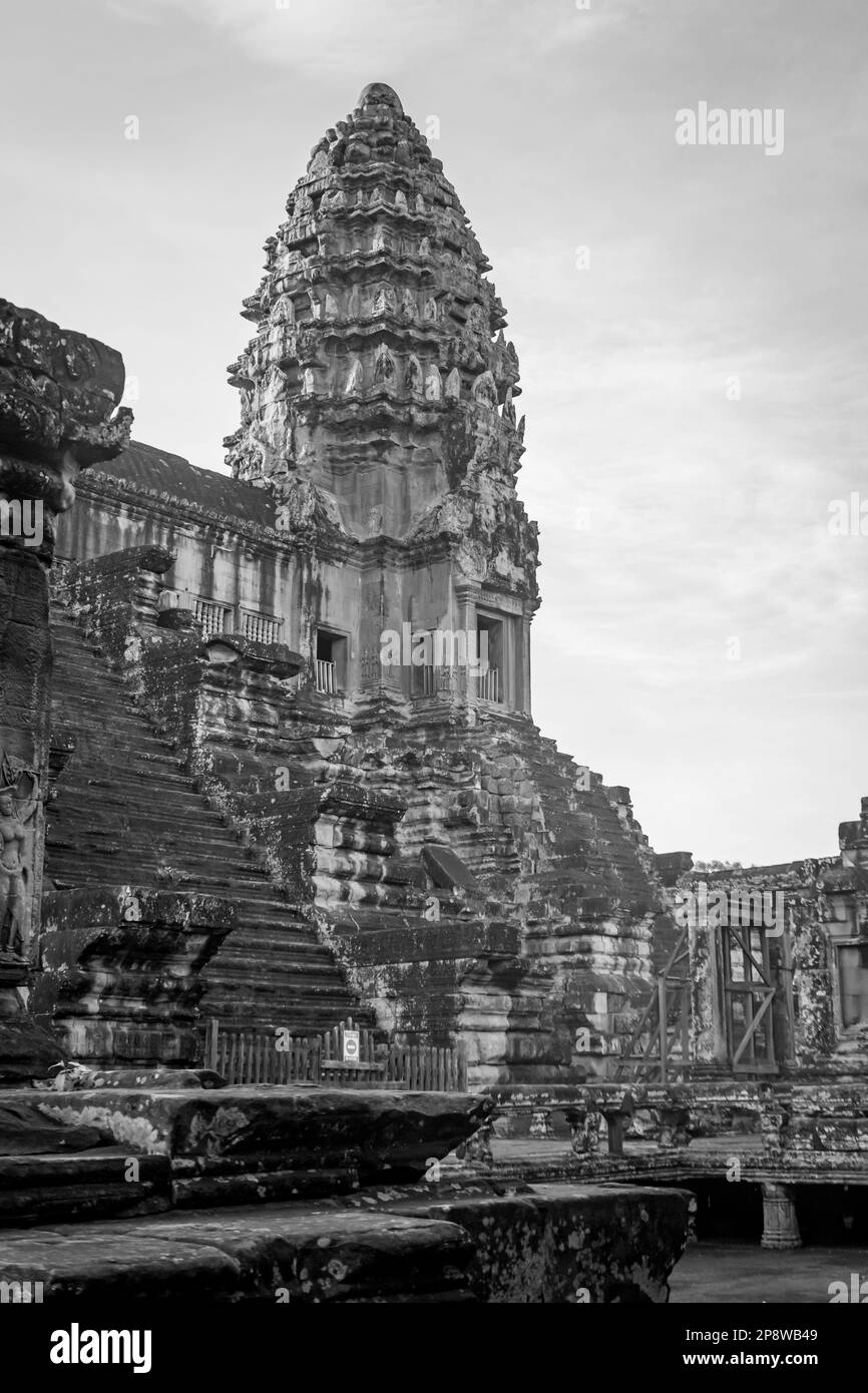 Angkor Wat bianco e nero a Siem Reap, Cambogia Foto Stock