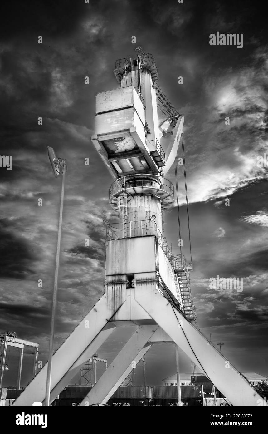 Una gru gigante della banchina a Phnom Penh container porto sul fiume Mekong in Cambogia. Foto Stock