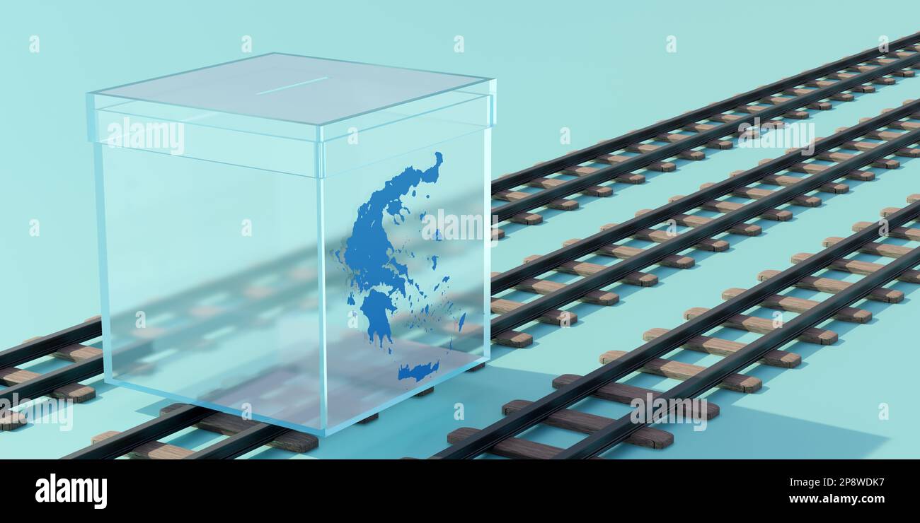 Elezioni Grecia, treno collisione bambini morti. Chiamami quando arrivi. Mappa greca a scrutinio trasparente Box su ferrovia su sfondo blu. Vista dall'alto Foto Stock