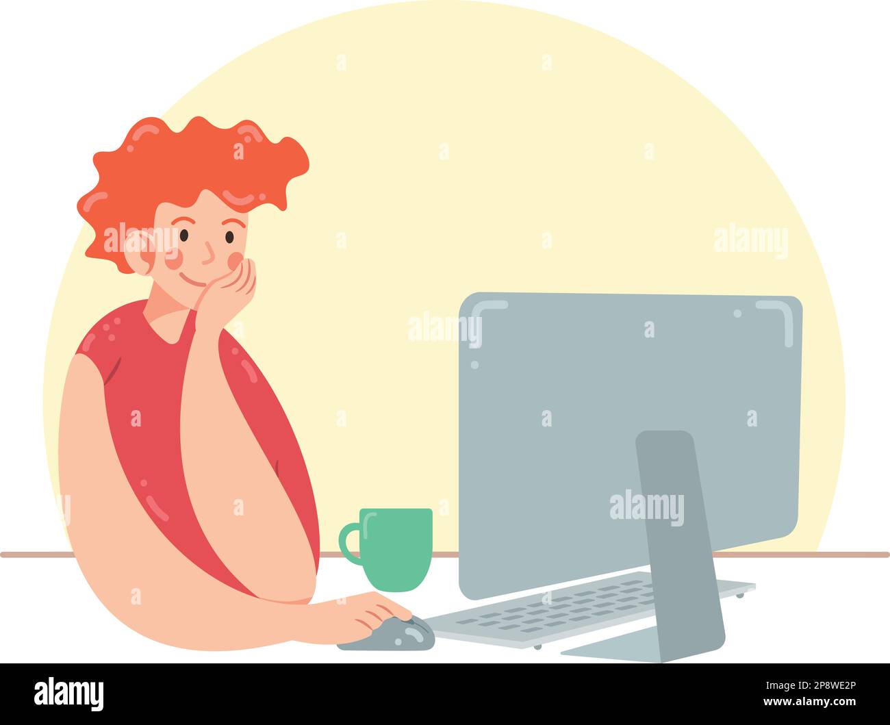 Il ragazzo di Redhead lavora al computer. Freelance o lavoratore in ufficio seduto con il computer e una tazza di caffè. L'uomo sta pensando e sorridendo con piacere di w Illustrazione Vettoriale