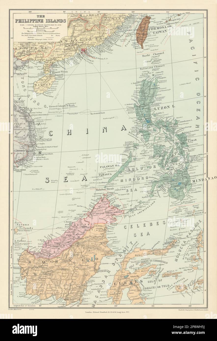 Isole Filippine. Borneo Celebes Sulawesi Kalimantan. STANFORD 1904 vecchia mappa Foto Stock