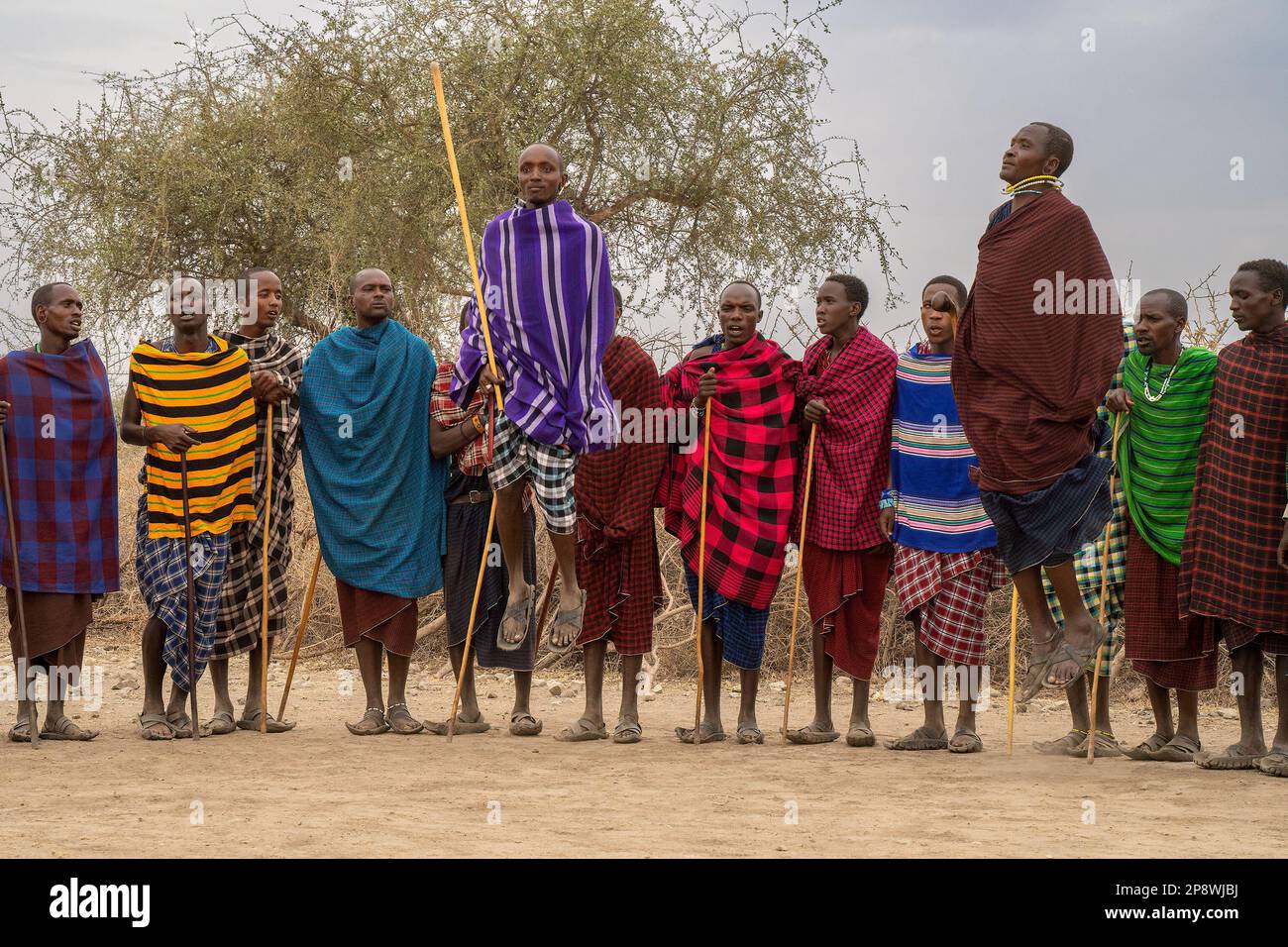 Karatu, Tanzania - 16th ottobre 2022: Un gruppo di uomini masai in abiti tradizionali, guardando i loro amici saltare durante uno spettacolo per i turisti vicino loro Foto Stock