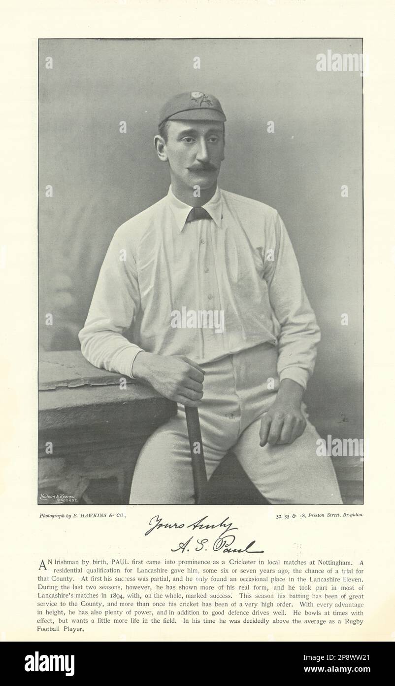 Arthur George Paul. Battitore. Lancashire cricketer 1895 vecchia stampa antica Foto Stock