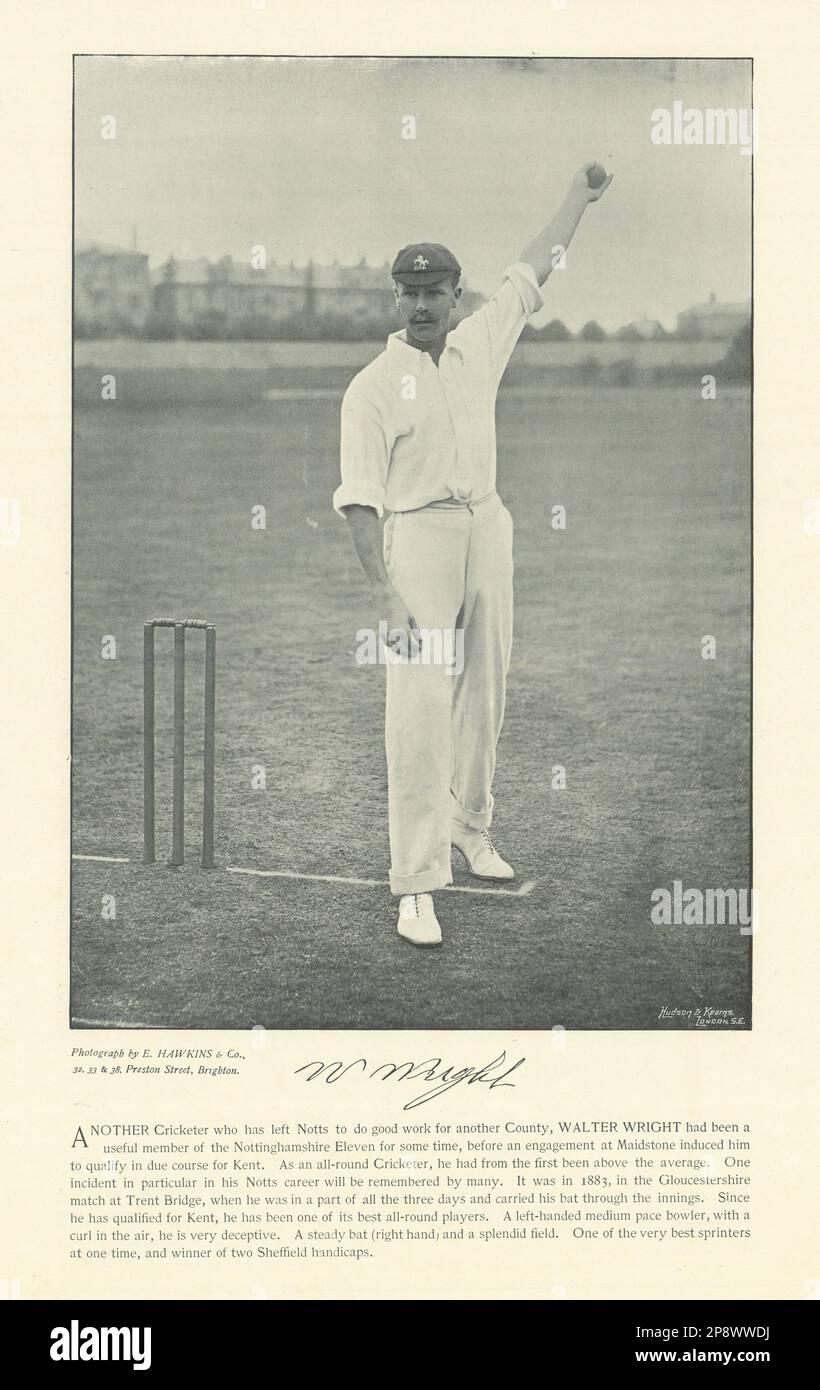 Walter Wright. Bowler del braccio sinistro. Tutto in più. Kent cricketer 1895 vecchia stampa Foto Stock