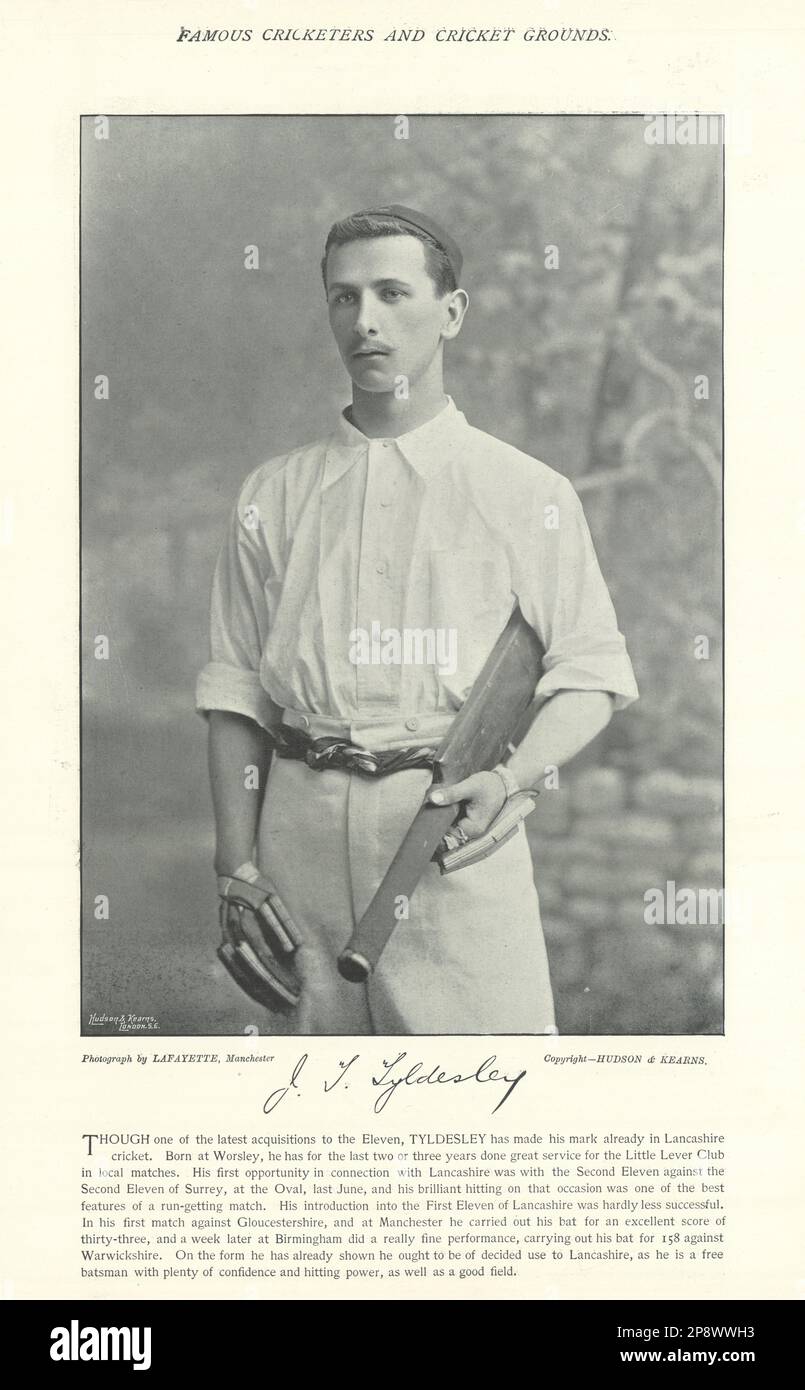 Johnny Tyldesley. battitore di secondo ordine. Lancashire cricketer 1895 vecchia stampa Foto Stock