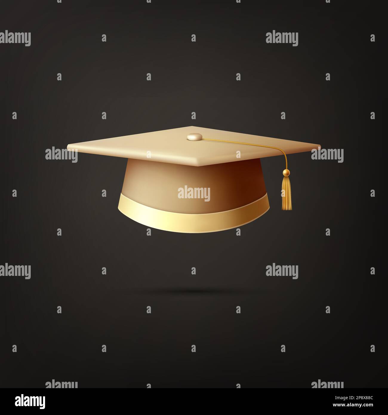 Vector 3D realistico Golden Graduate College, High School, University Black Cap icona Closeup isolato su sfondo nero. Cappello per cerimonia di laurea Vector Illustrazione Vettoriale