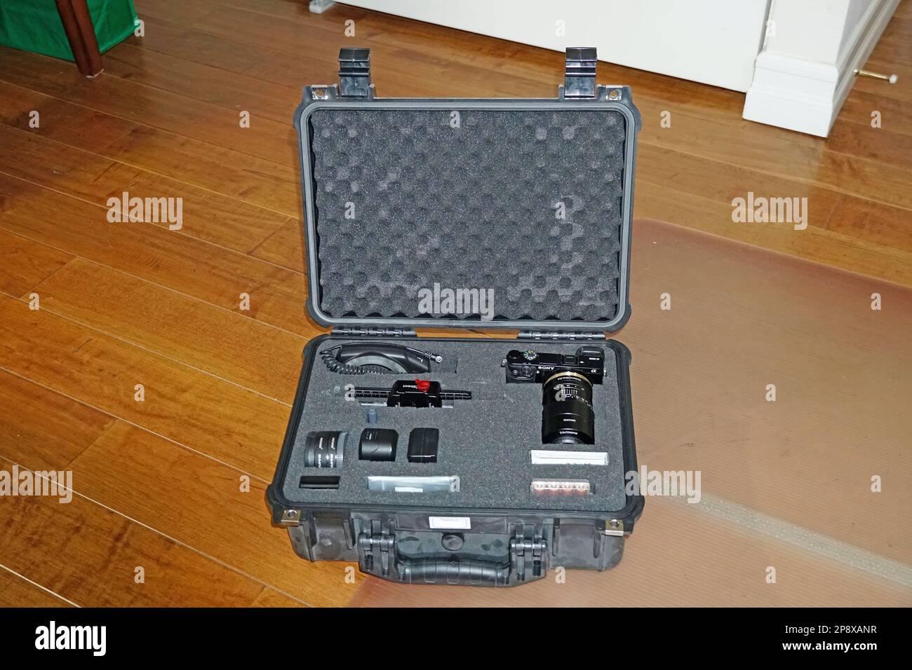 Ingranaggio per fotocamera digitale e obiettivo macro in custodia rigida Foto Stock