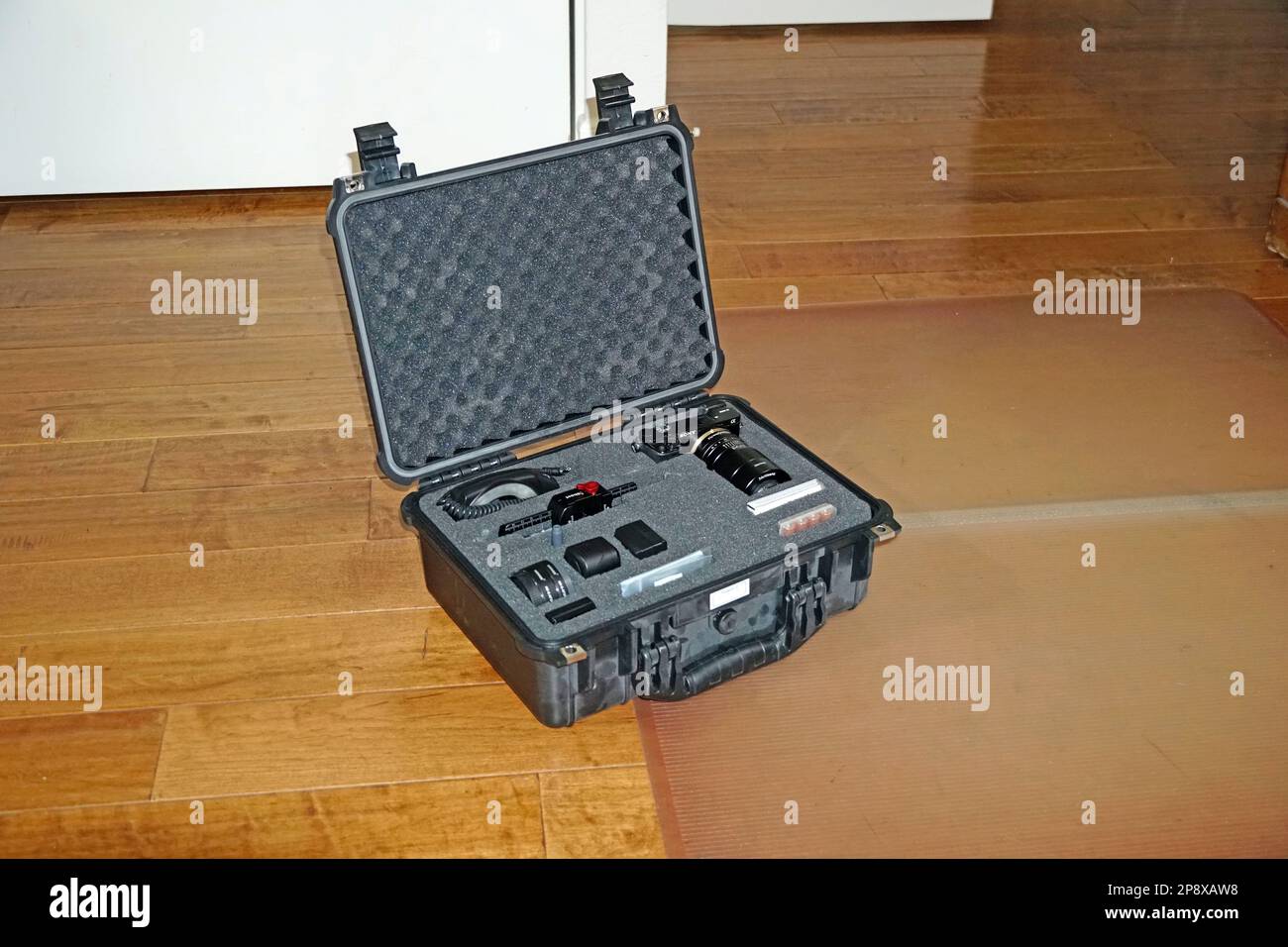 Ingranaggio per fotocamera digitale e obiettivo macro in custodia rigida Foto Stock