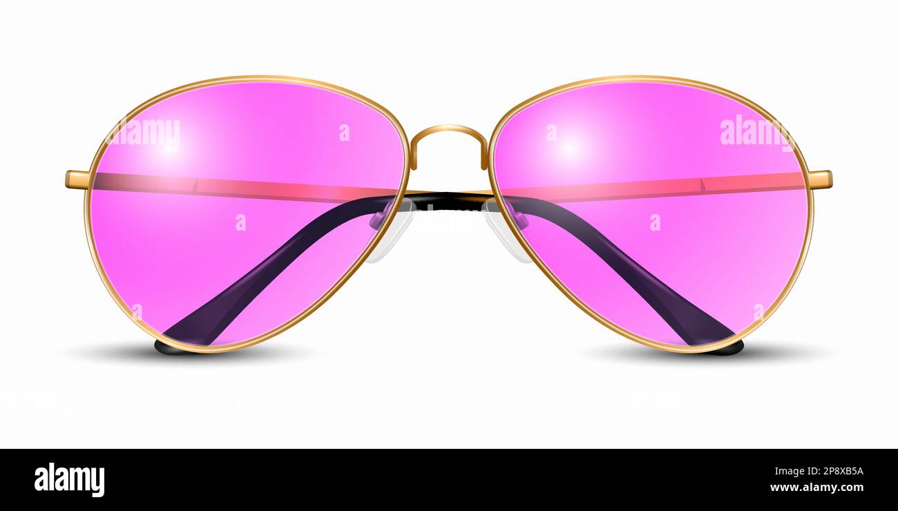 Occhiali da montatura Vector 3D moderni e realistici Unisex. Cornice color oro. Occhiali da sole trasparenti viola e rosa per donna e uomo, accessorio. Ottica, lente Illustrazione Vettoriale