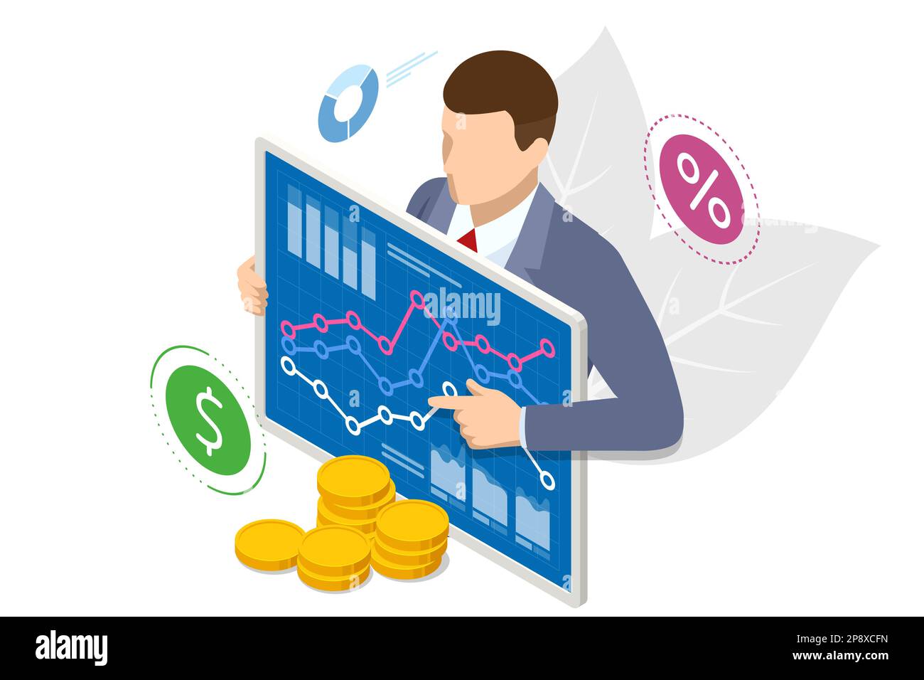 Concetto isometrico di analisi aziendale, analisi, ricerca, statistica strategica, investimenti in titoli, investimento intelligente, gestione strategica Illustrazione Vettoriale