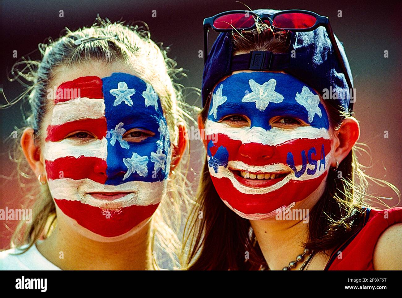 Tifosi americani durante l'ITA vs BRA alla Coppa del mondo di calcio femminile FIFA 1999. Foto Stock