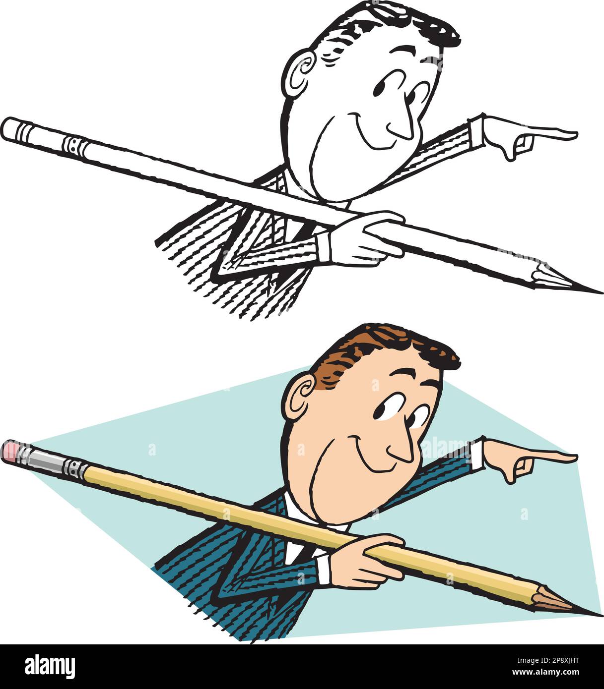 Un cartoon retrò vintage di un uomo d'affari che tiene una matita oversize e punta a destra. Illustrazione Vettoriale