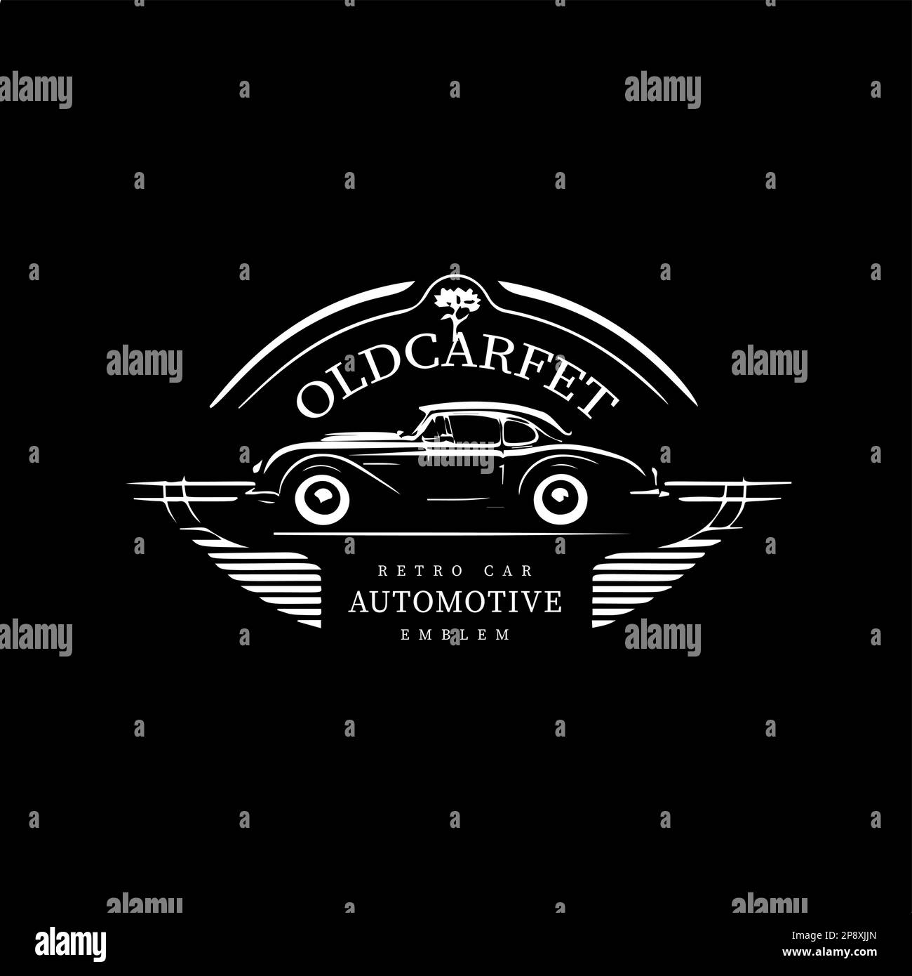 Modello con logo minimalista, icona bianca della silhouette di un'auto vecchia su sfondo nero, moderno logo concept per l'identità aziendale, stampa t-shirt Illustrazione Vettoriale