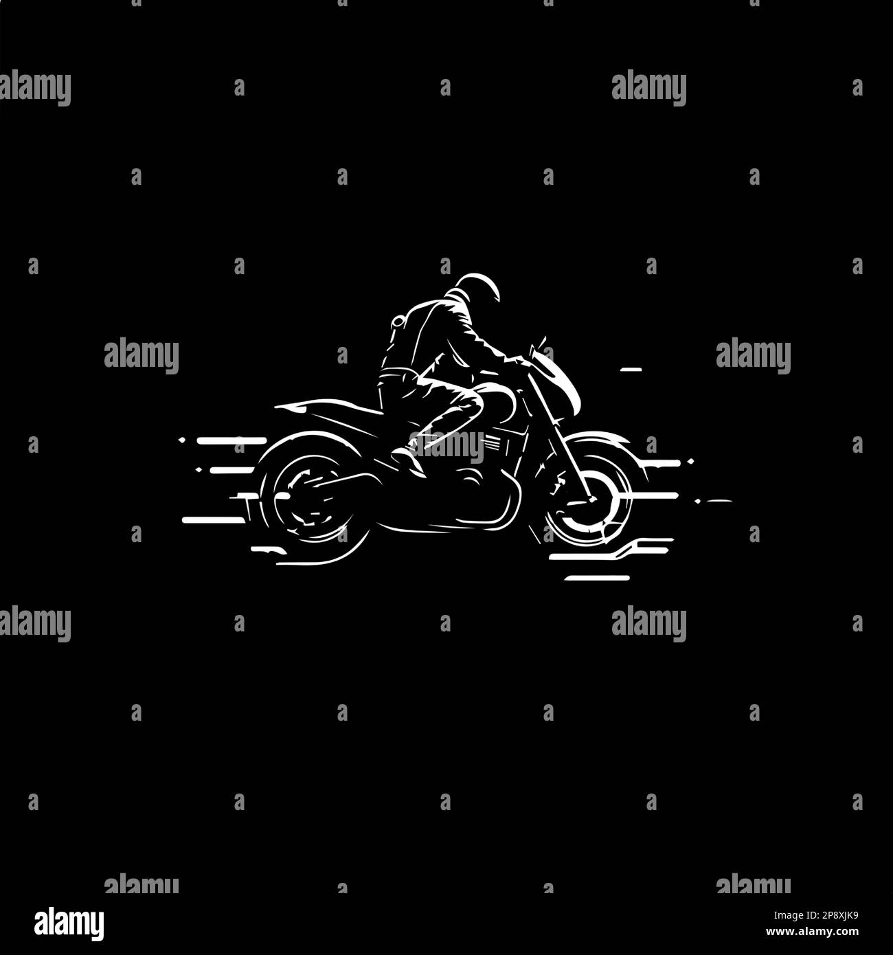 Modello minimalistico con logo, icona bianca con silhouette biker su sfondo nero, moderno logo concept per l'identità aziendale, stampa t-shirt, tatuaggio Illustrazione Vettoriale