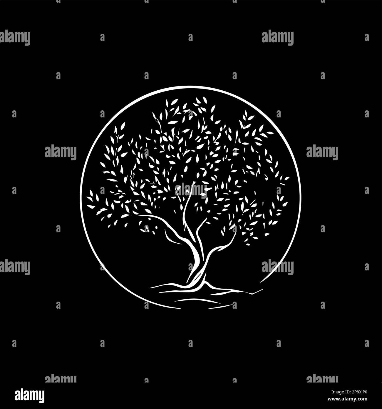 Modello minimalistico con logo, icona bianca con silhouette di ulivo su sfondo nero, moderno logo concept per l'identità aziendale, stampa t-shirt Illustrazione Vettoriale