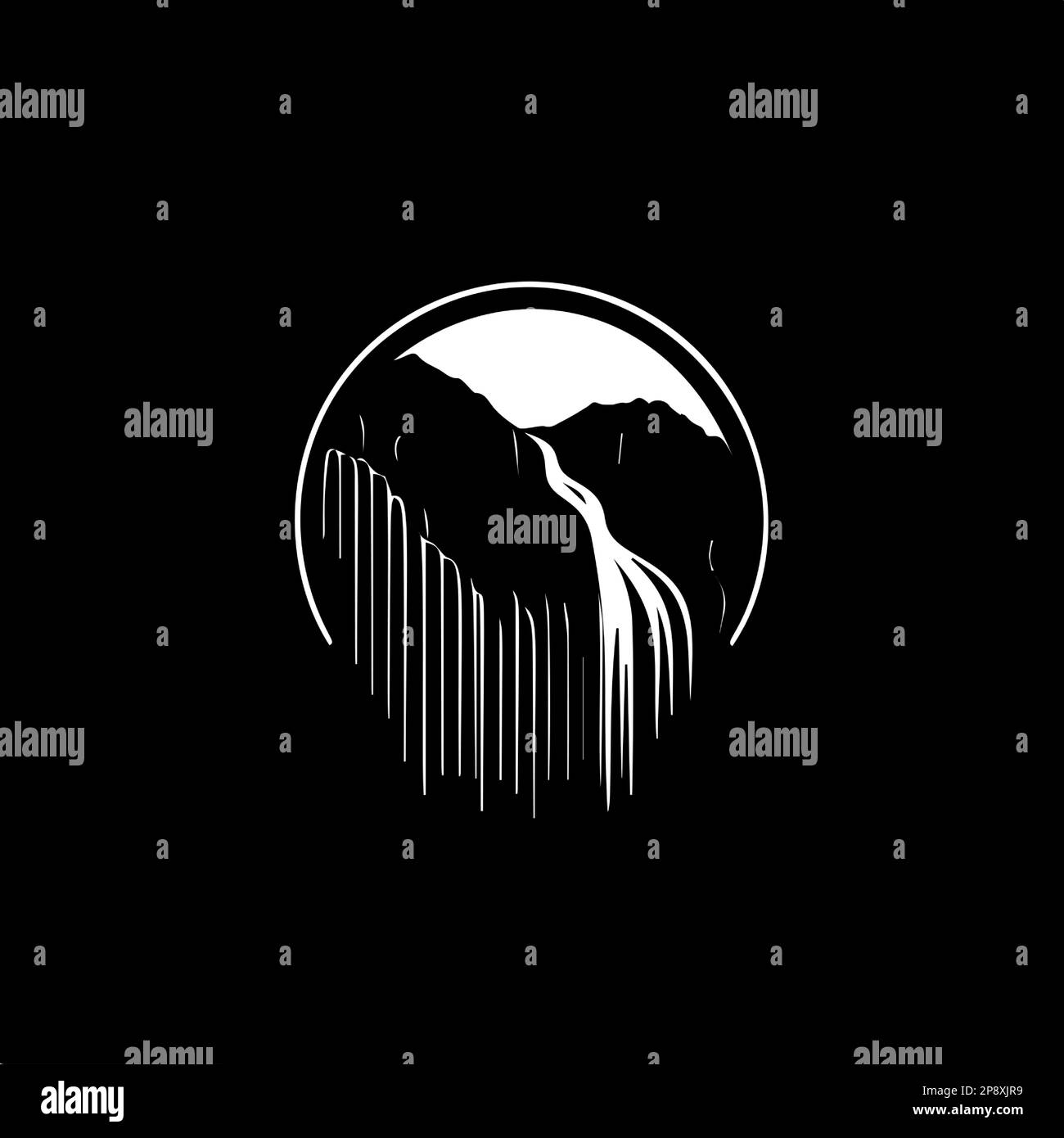 Modello minimalistico con logo, icona bianca con silhouette a cascata su sfondo nero, moderno logo per l'identità aziendale, stampa t-shirt Illustrazione Vettoriale