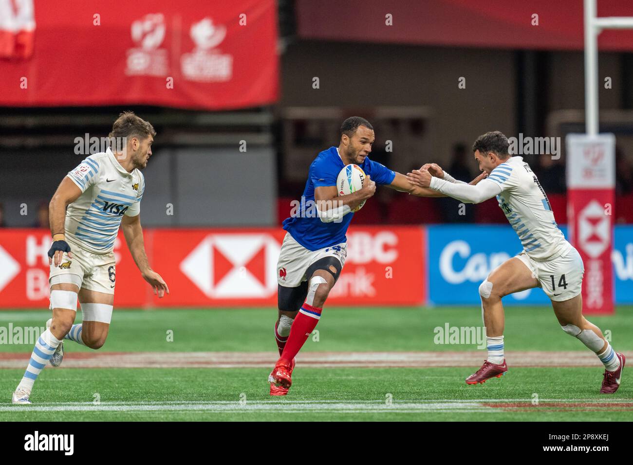 Vancouver, Canada. 5th marzo, 2023. Varian Pasquet (C) si stacca durante il Day 3 - HSBC Canada Sevens 2023 Coppa finale partita contro l'Argentina Foto Stock