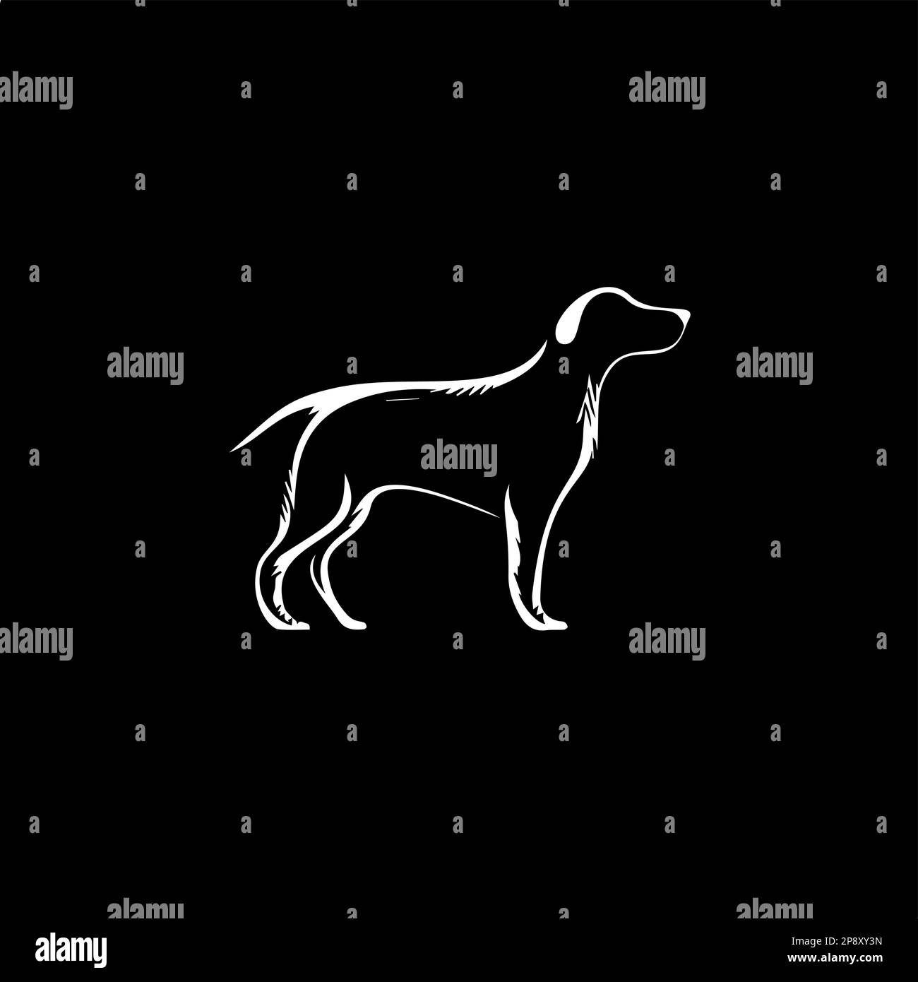 Modello minimalistico con logo, icona bianca con silhouette di cane su sfondo nero, moderno logo concept per l'identità aziendale, stampa t-shirt, tatuaggio Illustrazione Vettoriale
