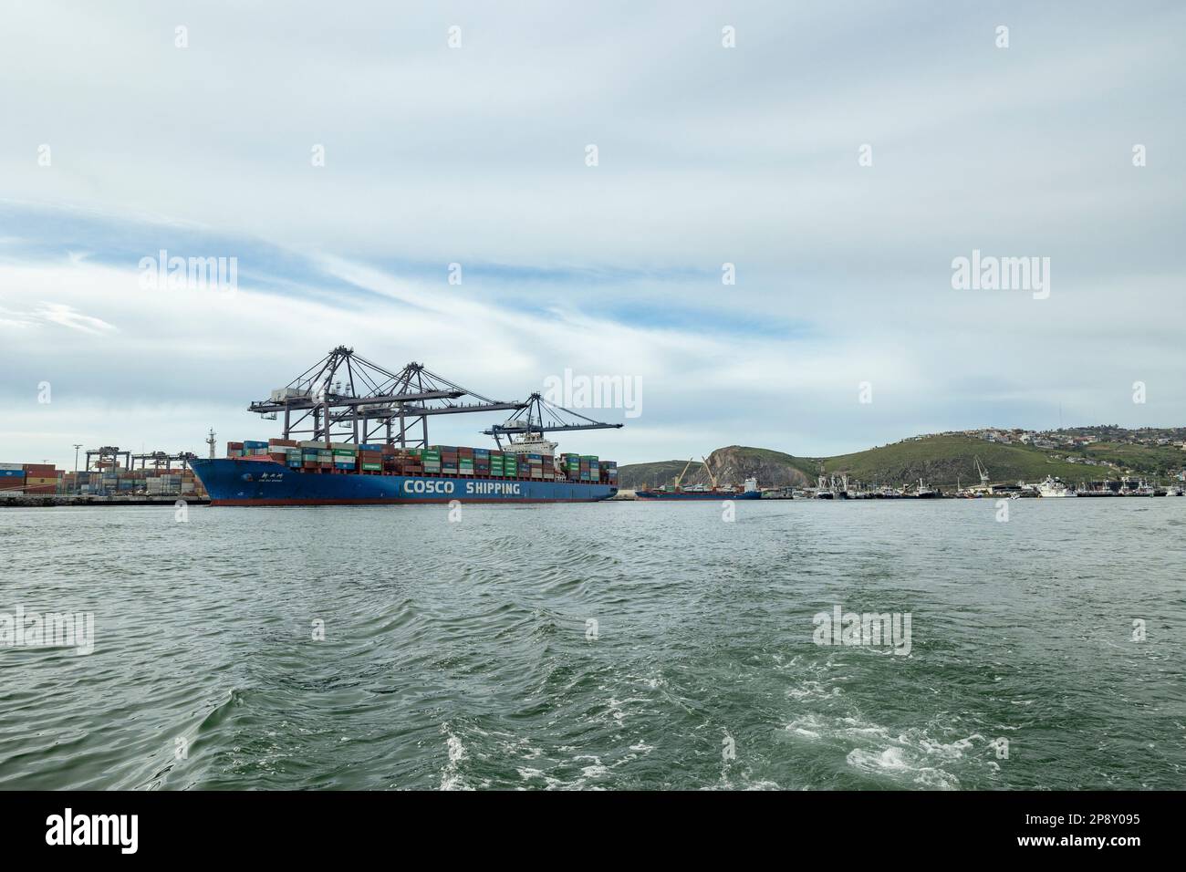 Ensenada, Baja California, Messico - Vista dall'oceano della nave container da carico e di altre barche ormeggiate al porto Foto Stock