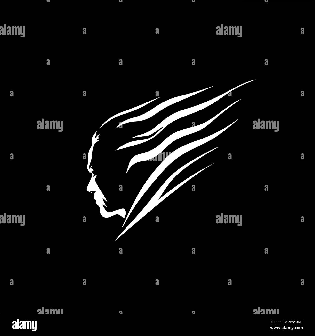 Modello minimalistico con logo, icona bianca con silhouette a forma di capelli a vento su sfondo nero, moderno logo concept per l'identità aziendale, stampa t-shirt Illustrazione Vettoriale