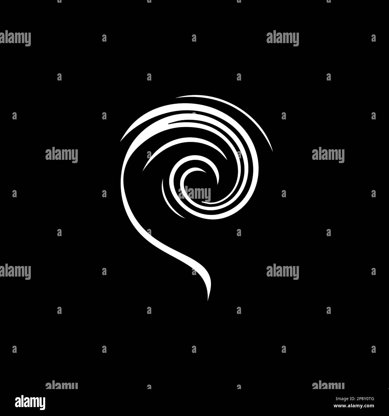 Modello minimalistico con logo, icona bianca con silhouette in uragano su sfondo nero, moderno logo concept per l'identità aziendale, stampa t-shirt Illustrazione Vettoriale