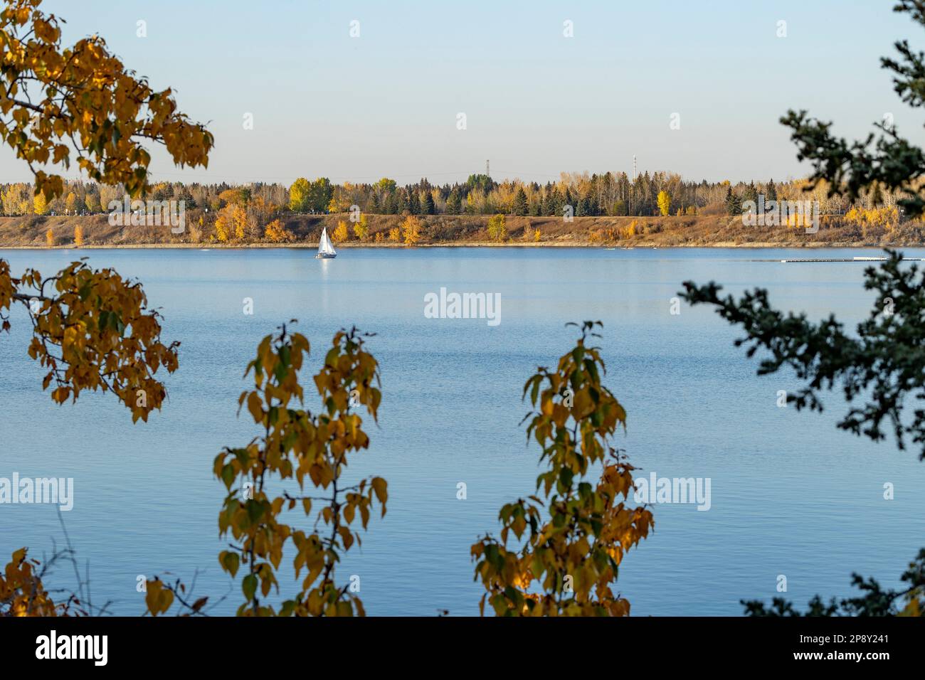 Calgary, Alberta, Canada - Barca a vela sul serbatoio di Glenmore visto da South Glenmore Park, in una serata autunnale Foto Stock