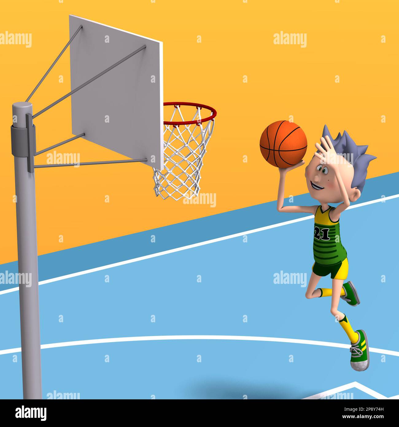 3D-illustrazione di un simpatico e divertente cartoon giocatore di basket dribbling e lancio di una palla Foto Stock