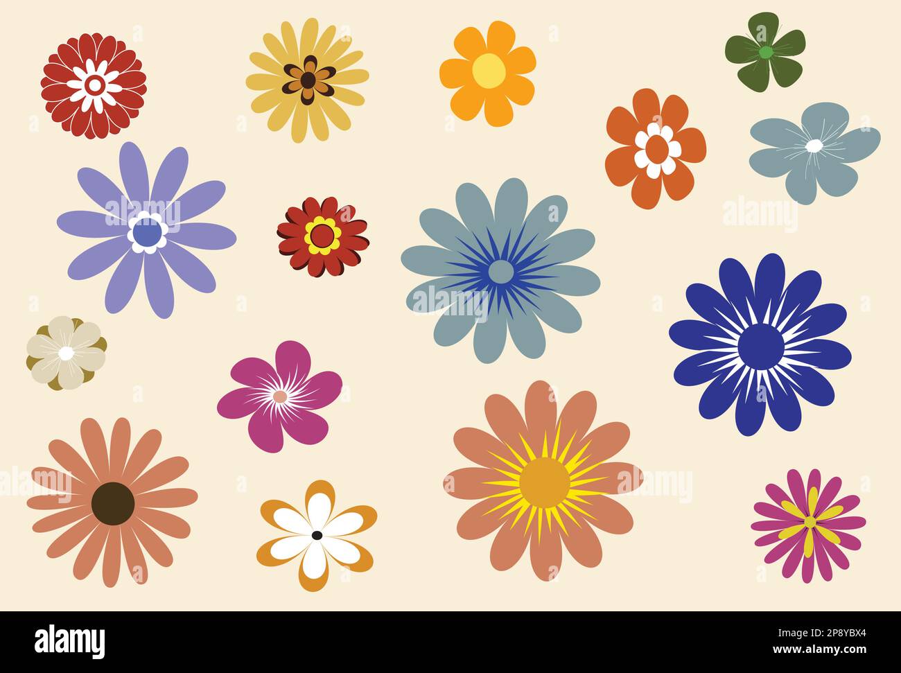 design floreale e colori degli anni sessanta e settanta. Illustrazione vettoriale di fiori Illustrazione Vettoriale