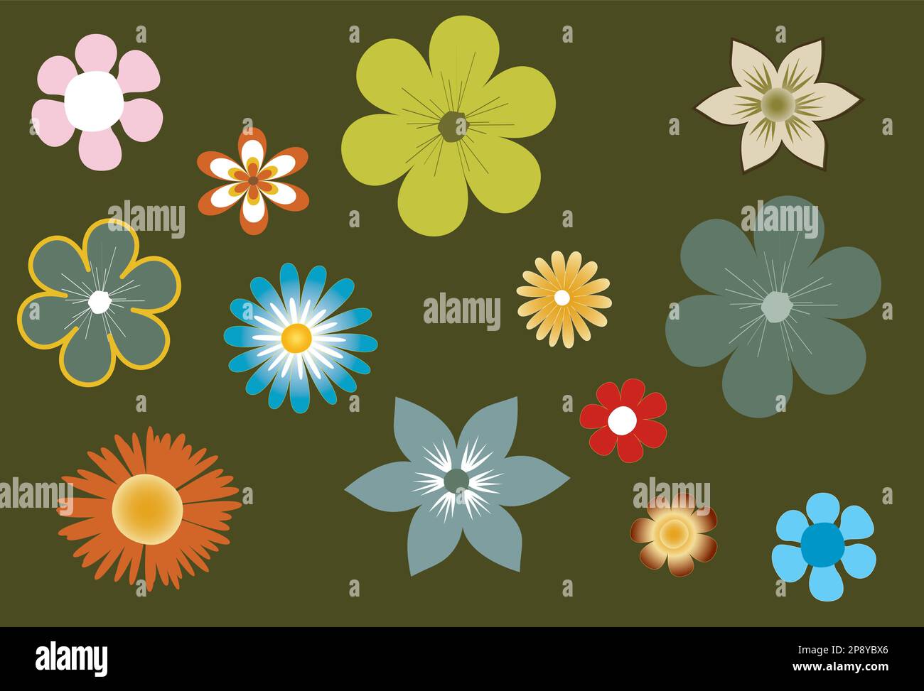 illustrazione vettoriale di graziosi fiori e colori degli anni sessanta e settanta Illustrazione Vettoriale