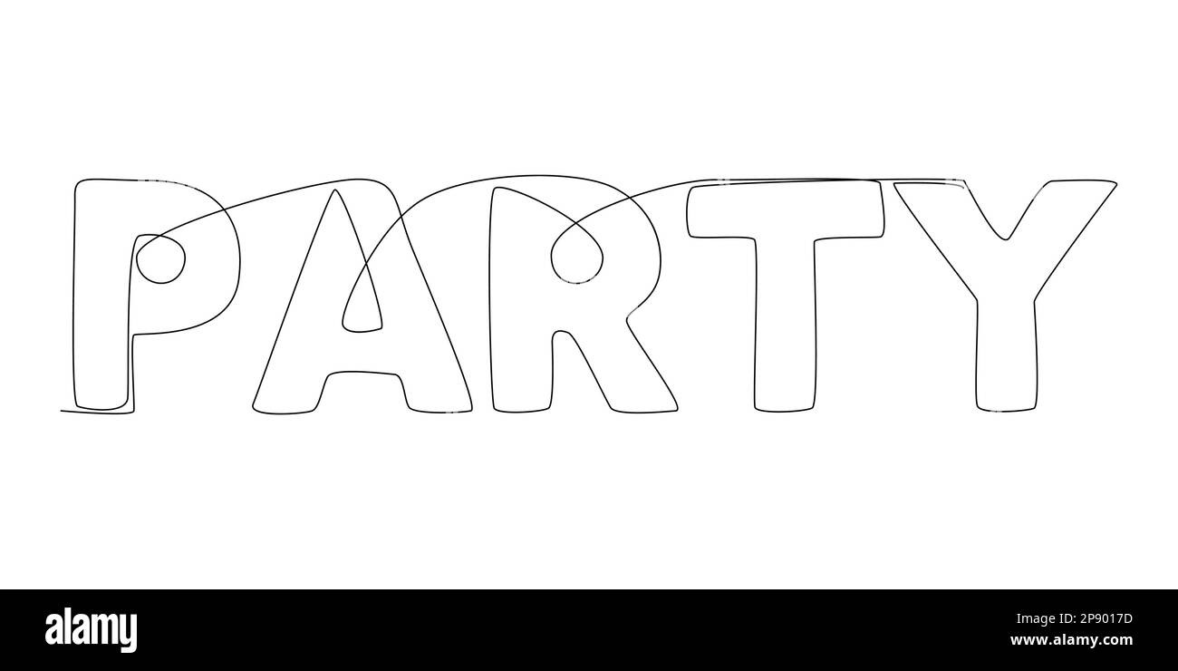 Una linea continua di Party Word. Concetto di vettore di illustrazione a linea sottile. Disegno di contorno idee creative. Illustrazione Vettoriale