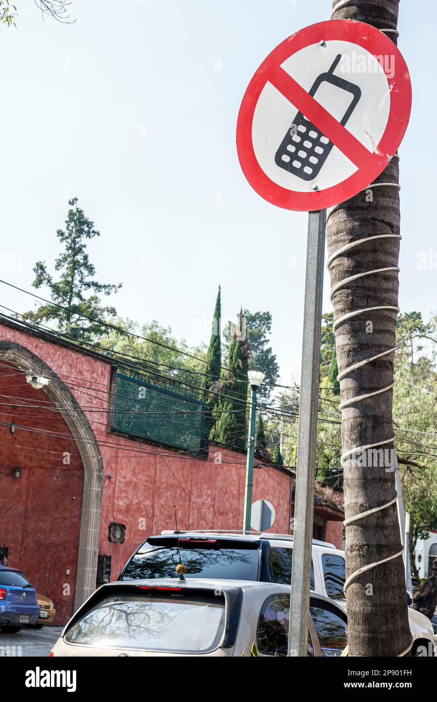 Città del Messico, San Angel veicoli segnaletica stradale, uso del telefono cellulare vietato durante la guida, cartello simbolo di informazione, Foto Stock