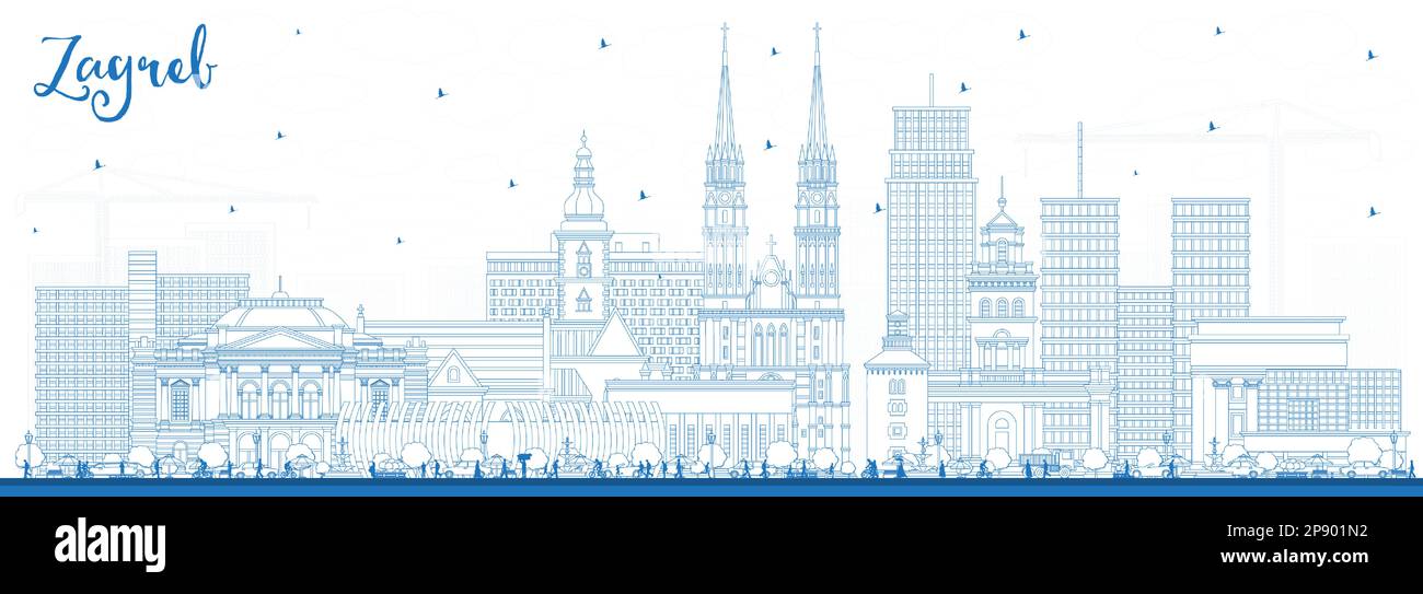 Profilo Zagabria Croazia skyline della città con edifici blu. Illustrazione vettoriale. Zagabria con i suoi monumenti. Viaggi d'affari e turismo. Illustrazione Vettoriale