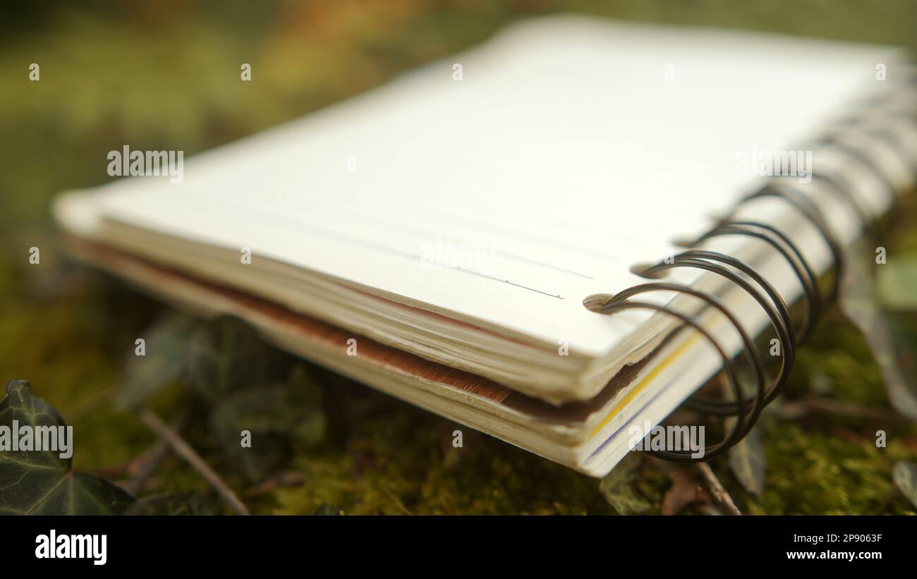 Un'occhiata più da vicino al notebook di Nature: Macro Shot di un blocco note su un campo d'erba Foto Stock